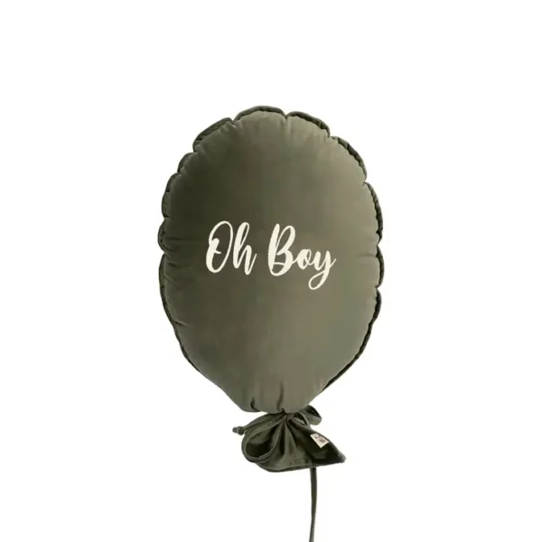 Coussin ballon velours H50xL40 cm - tissus vert forêt écriture OH BOY écru - Malomi kids