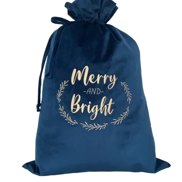 Sac cadeau de Noël MERRY AND BRIGHT H66xL47 cm - tissu velours bleu royal - Malomi kids