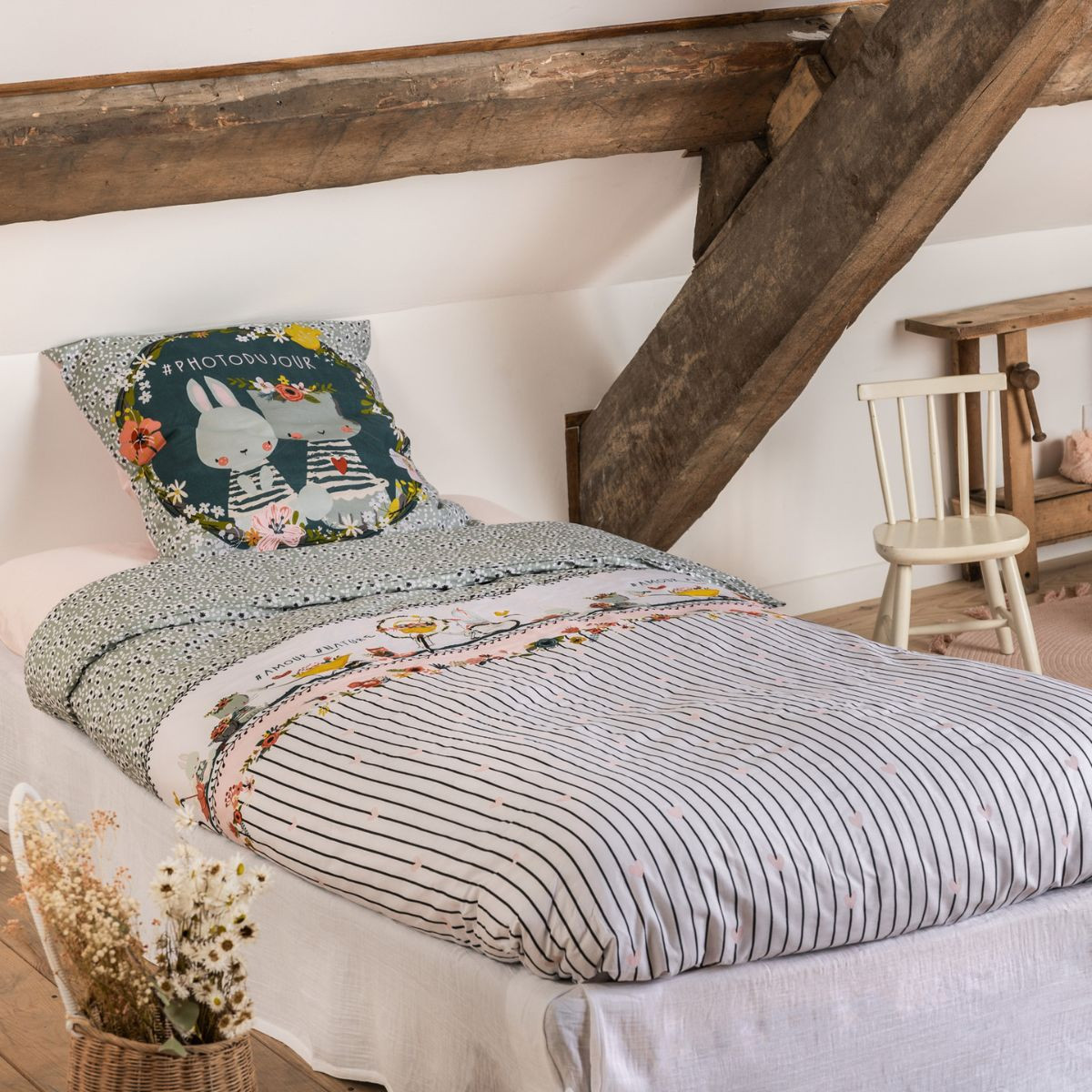 Linge de lit imprimé JARDINAGE (housse de couette 140x200 cm + 1 taie d'oreiller 63x63 cm) en coton - L'effet papillon – Image 2