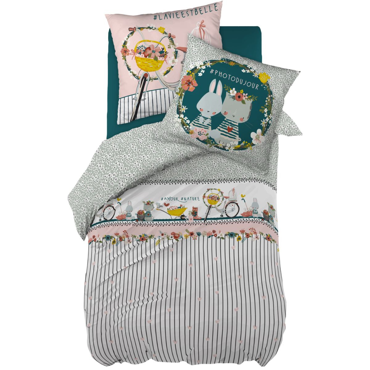 Linge de lit imprimé JARDINAGE (housse de couette 140x200 cm + 1 taie d'oreiller 63x63 cm) en coton - L'effet papillon