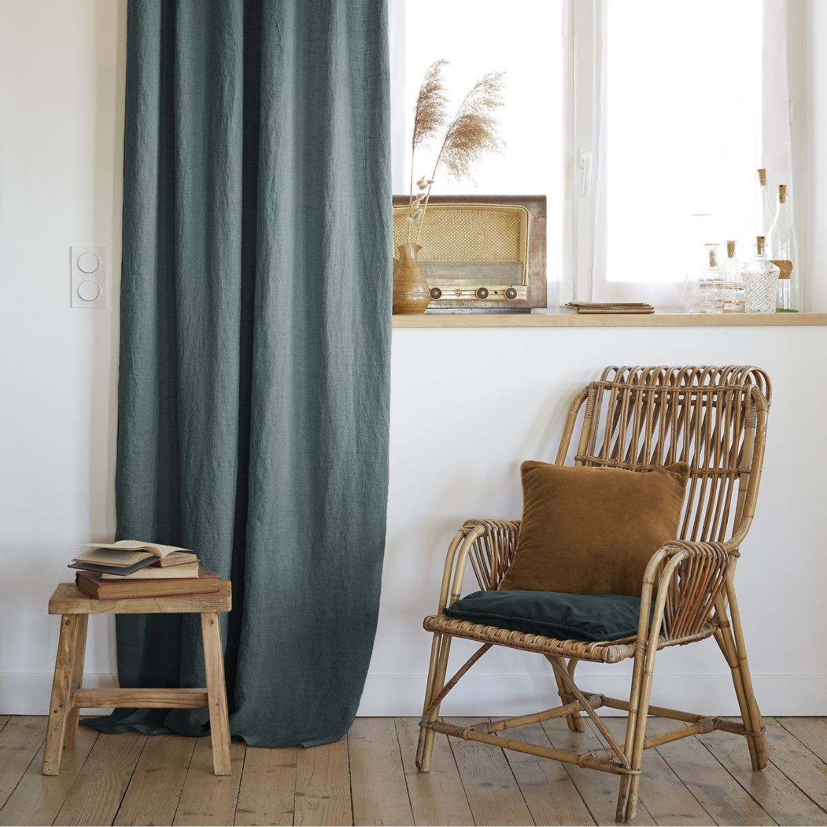 Rideau ajustable lin lavé SOLINE 140 x 270 cm SOLINE avec 8 anneaux pince - L'effet papillon - ardoise