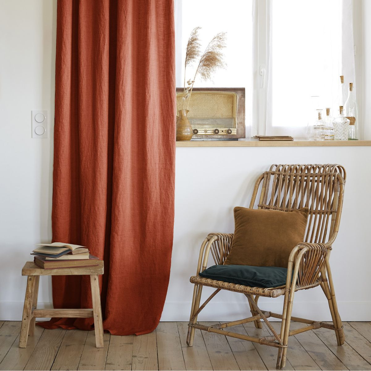 Rideau ajustable lin lavé SOLINE 140 x 270 cm SOLINE avec 8 anneaux pince - L'effet papillon - paprika
