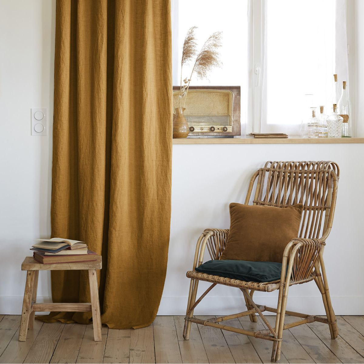 Rideau ajustable lin lavé SOLINE 140 x 270 cm SOLINE avec 8 anneaux pince - L'effet papillon - caramel