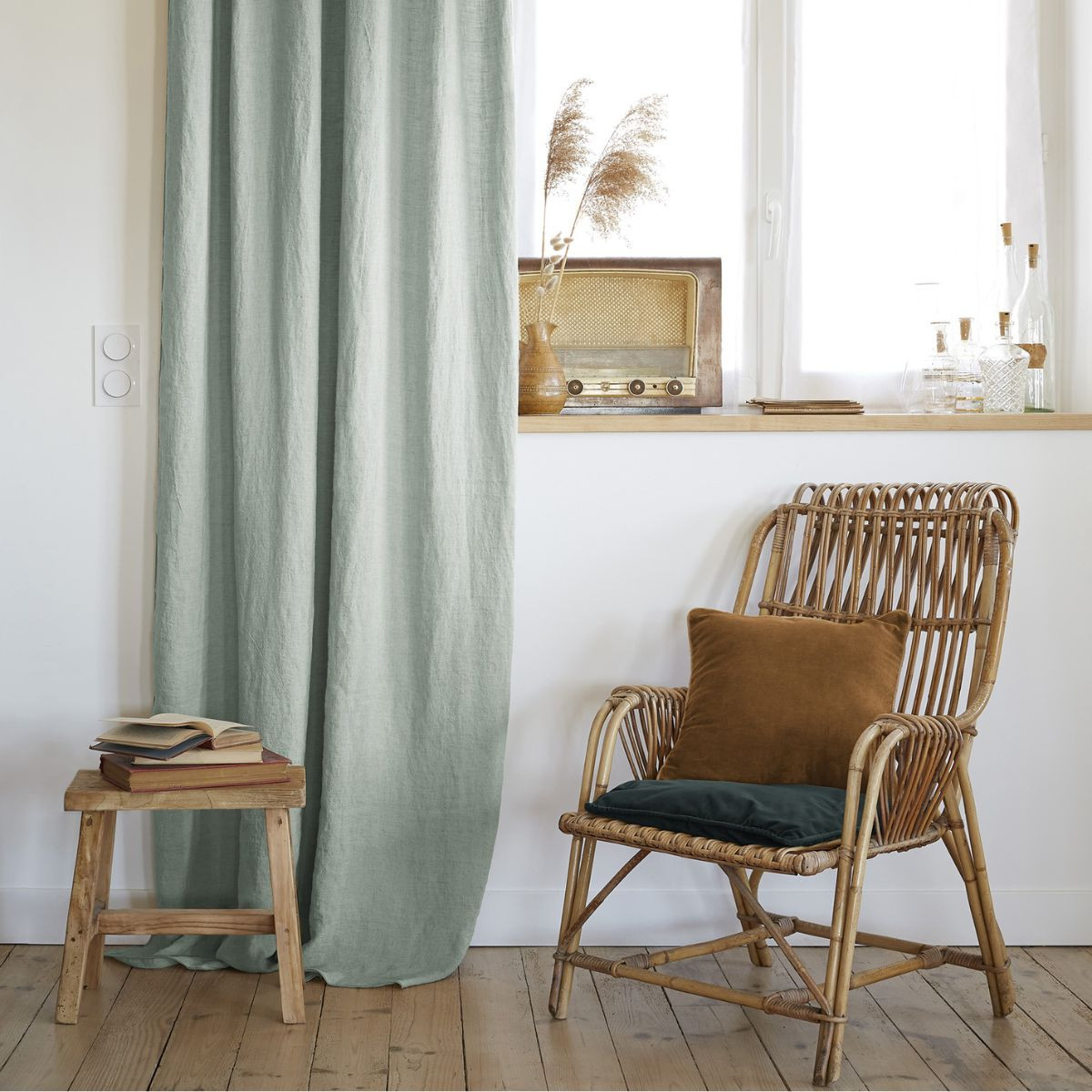 Rideau ajustable lin lavé SOLINE 140 x 270 cm SOLINE avec 8 anneaux pince - L'effet papillon - eucalyptus