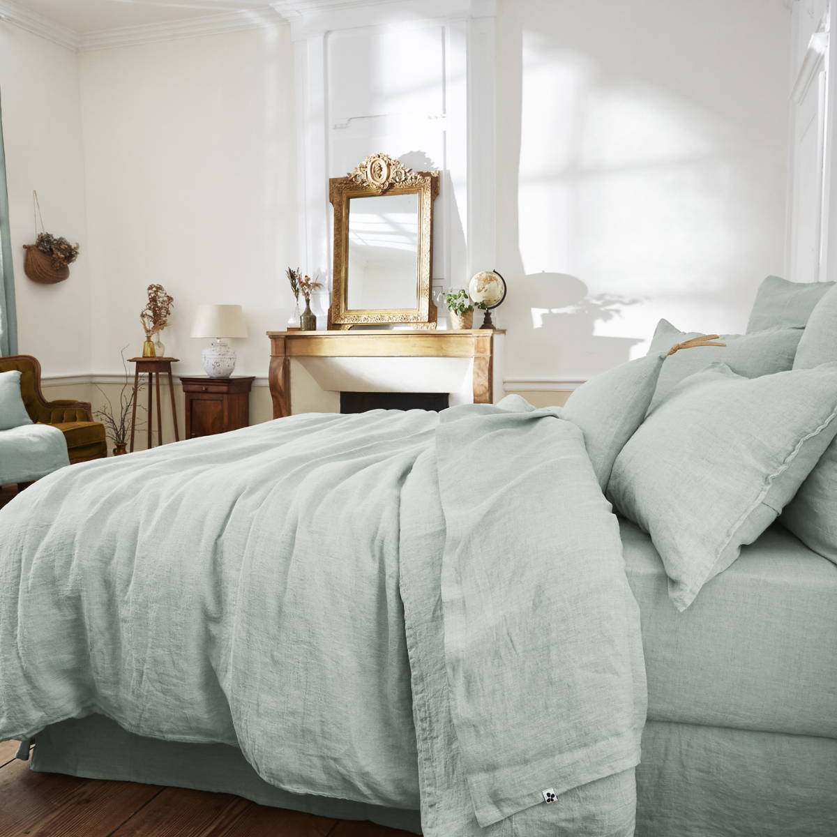 Drap plat 270 x 300 cm en lin lavé SOLINE - L'effet papillon - eucalyptus