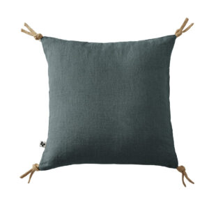 Coussin déhoussable lin lavé 45 x 45 cm SOLINE avec pompons nouettes en jute - L'effet papillon - ardoise