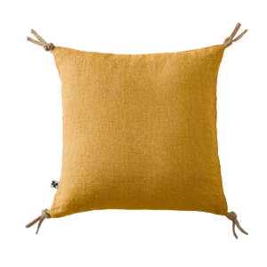 Coussin déhoussable lin lavé 45 x 45 cm SOLINE avec pompons nouettes en jute - L'effet papillon - miel