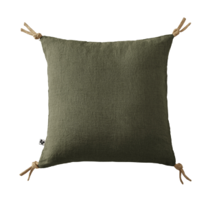Coussin déhoussable lin lavé 45 x 45 cm SOLINE avec pompons nouettes en jute - L'effet papillon - thym