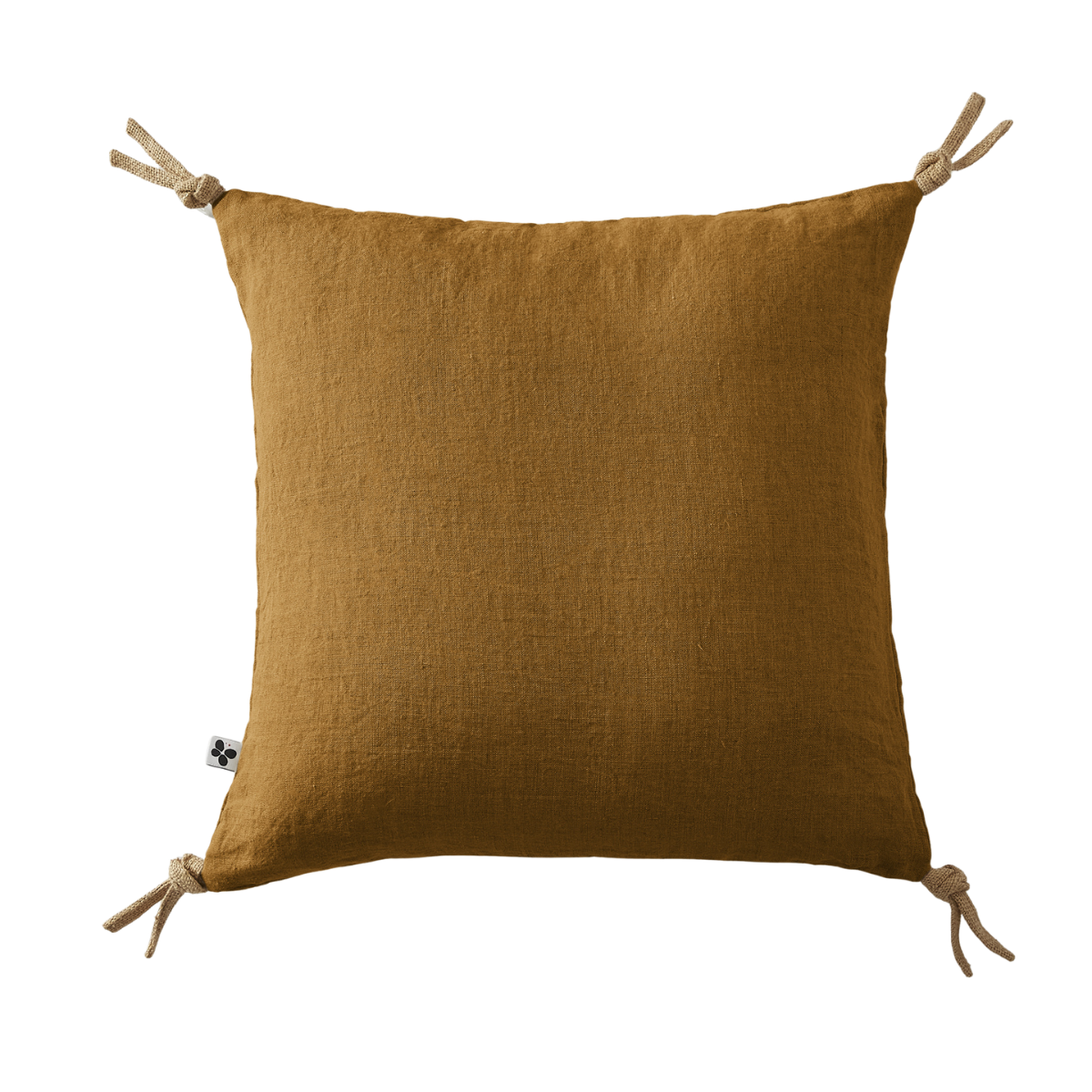 Coussin déhoussable lin lavé 45 x 45 cm SOLINE avec pompons nouettes en jute - L'effet papillon - caramel