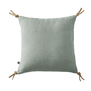 Coussin déhoussable lin lavé 45 x 45 cm SOLINE avec pompons nouettes en jute - L'effet papillon - eucalyptus