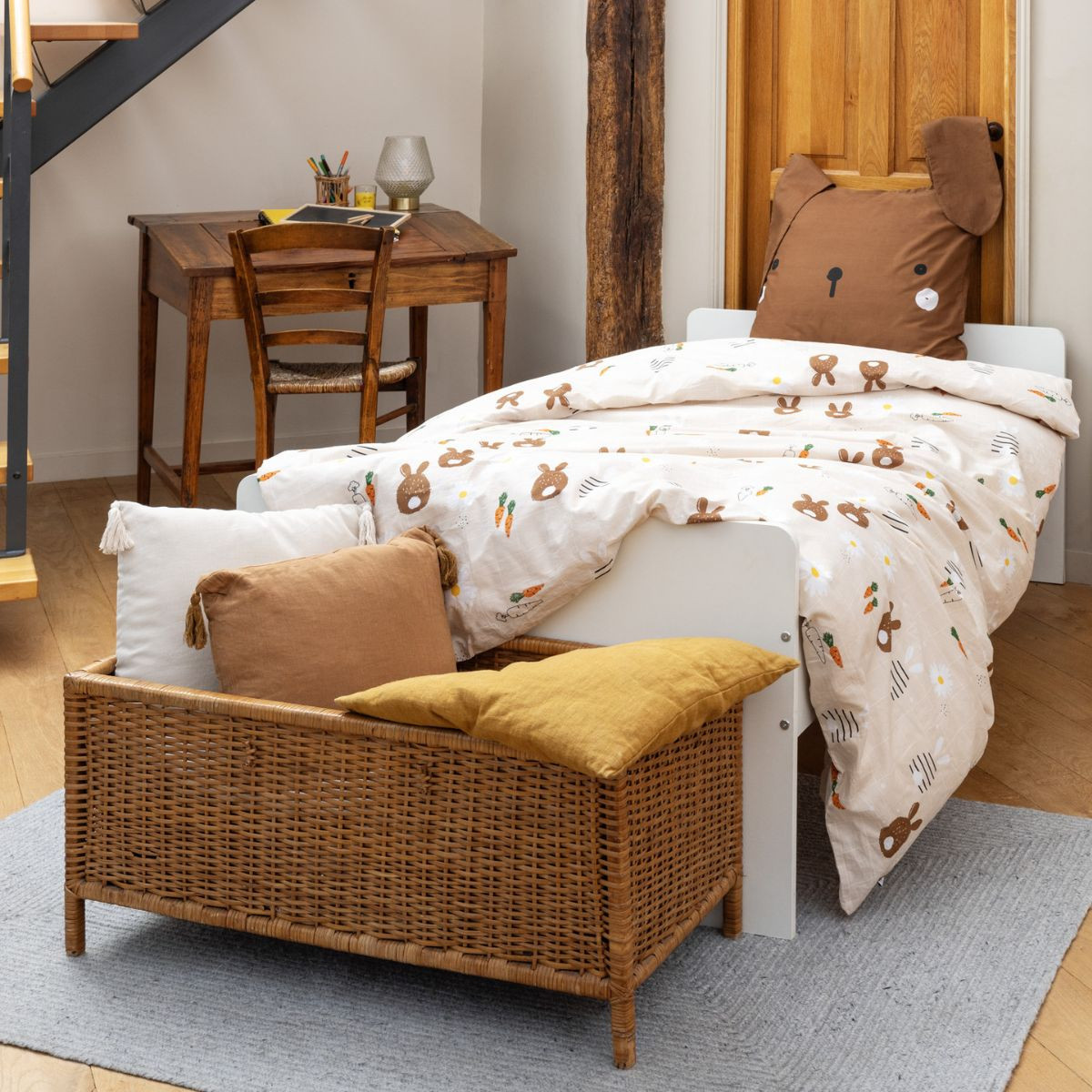 Linge de lit imprimé POMPON (housse de couette 140x200 cm + 1 taie d'oreiller 63x63 cm) en coton - L'effet papillon