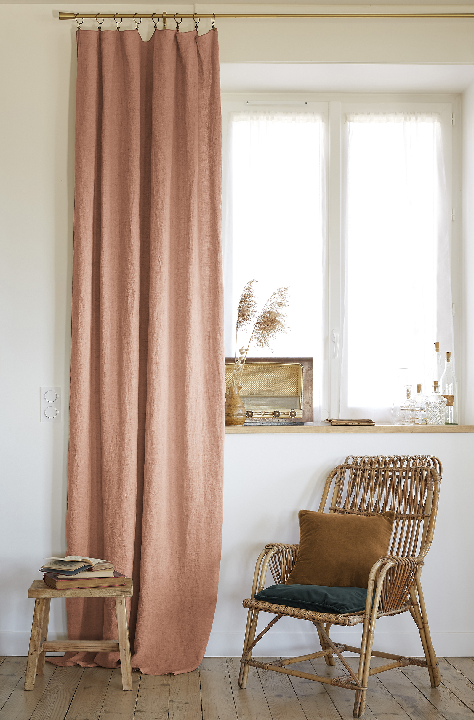 Rideau ajustable lin lavé SOLINE 140 x 270 cm SOLINE avec 8 anneaux pince - L'effet papillon - vieux rose