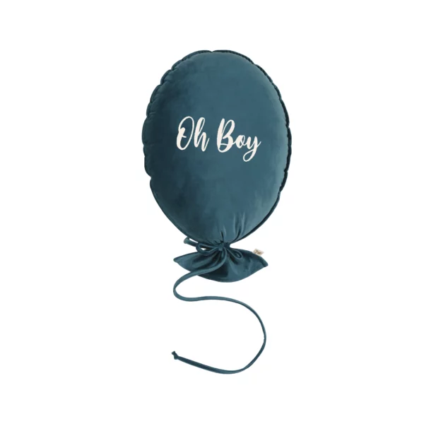 Coussin ballon velours H50xL40 cm - tissus cristal bleu sarcelle écriture OH BOY écru - Malomi kids