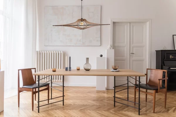 Suspension design bois SINGING BRUT ø 90 cm - élastique noir- câble lin et rosace bois - RIF