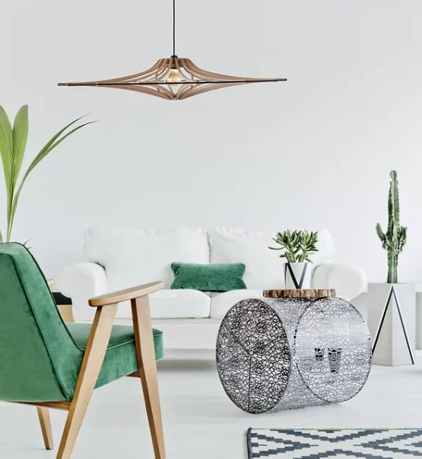 Suspension design bois SINGING BRUT ø 90 cm - élastique noir- câble lin et rosace bois - RIF – Image 3