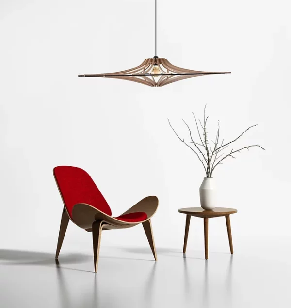 Suspension design bois SINGING BRUT ø 90 cm - élastique noir- câble lin et rosace bois - RIF – Image 4