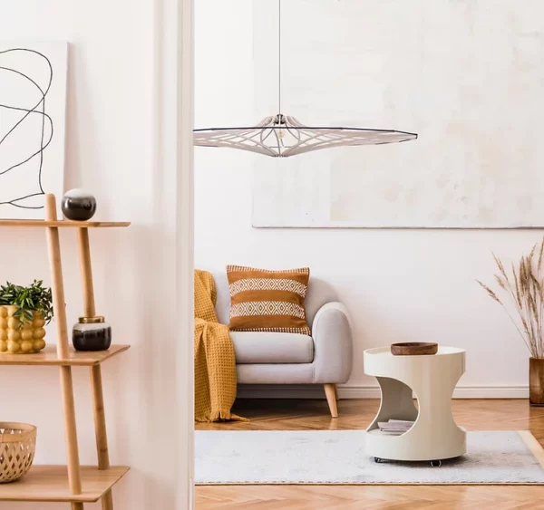 Suspension design bois SINGING BRUT ø 124 cm - élastique noir- câble lin et rosace bois - RIF
