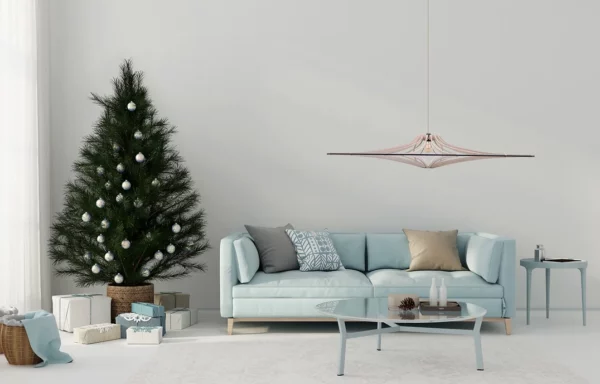 Suspension design bois SINGING BRUT ø 124 cm - élastique noir- câble lin et rosace bois - RIF – Image 5