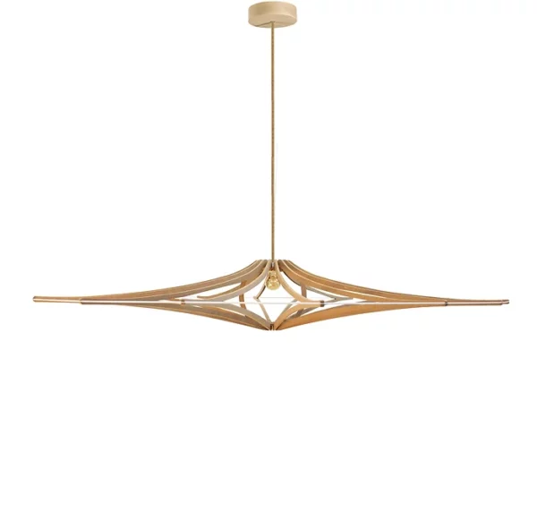 Suspension design bois SINGING BRUT ø 124 cm - élastique blanc- câble lin et rosace bois - RIF
