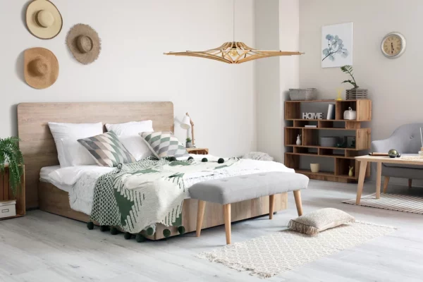Suspension design bois SINGING BRUT ø 124 cm - élastique blanc- câble lin et rosace bois - RIF