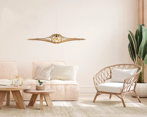Suspension design bois SINGING BRUT ø 124 cm - élastique blanc- câble lin et rosace bois - RIF – Image 3