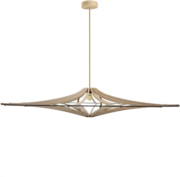 Suspension design bois SINGING BRUT ø 160 cm - élastique noir- câble lin et rosace bois - RIF