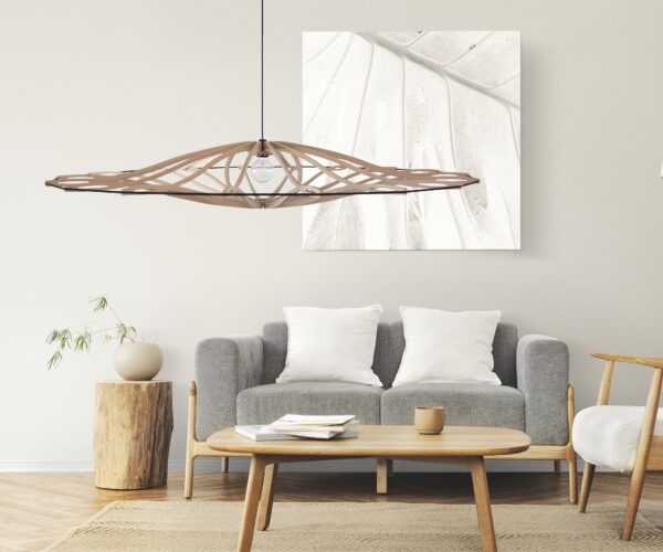 Suspension design bois TWIST Ø 190 cm - élastique noir - câble lin et rosace bois - RIF – Image 3
