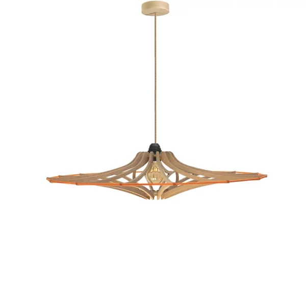 Suspension design bois SINGING BRUT ø 65 cm - élastique orange- câble lin et rosace bois - RIF
