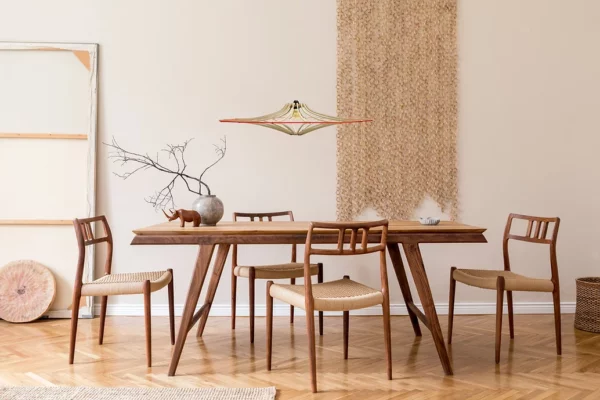 Suspension design bois SINGING BRUT ø 65 cm - élastique orange- câble lin et rosace bois - RIF