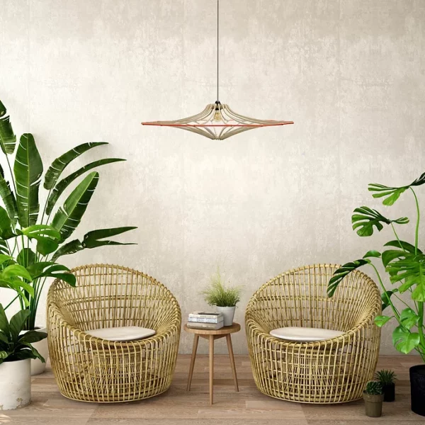 Suspension design bois SINGING BRUT ø 65 cm - élastique orange- câble lin et rosace bois - RIF – Image 4