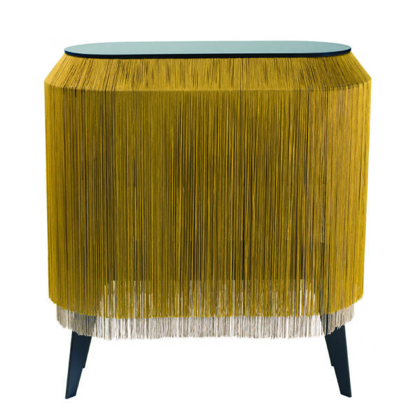 Meuble de rangement BABY ALPAGA 66x27xH72 cm - or chic structure noire/franges or jaune. or métallique