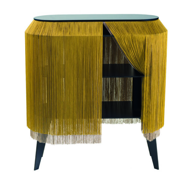 Meuble de rangement BABY ALPAGA 66x27xH72 cm - or chic structure noire/franges or jaune. or métallique
